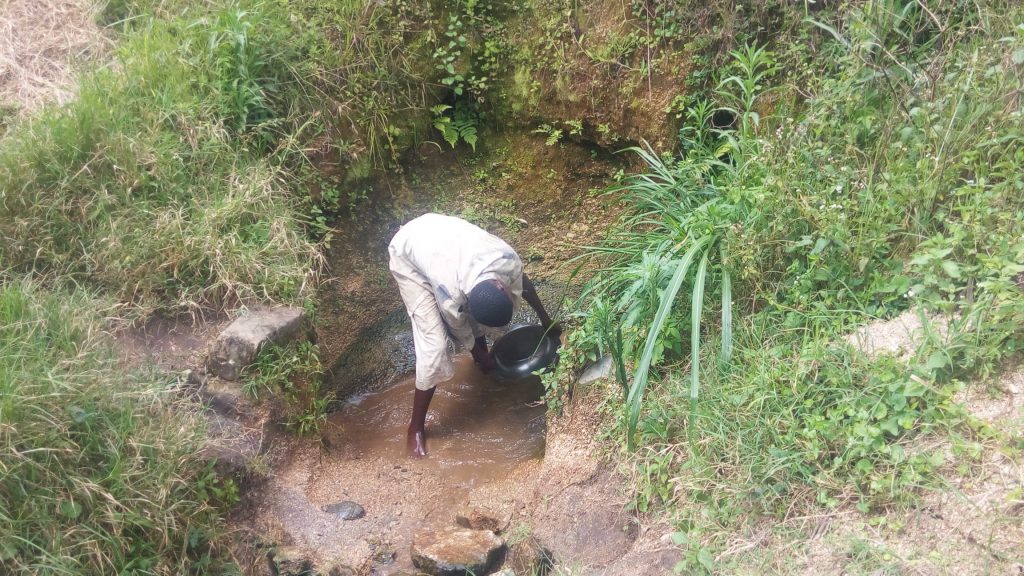 The Water Project : kenya18138-clearing-spring-to-determine-actual-source-of-water