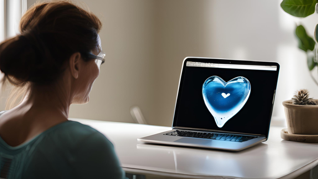 a woman looks at a laptop, which displays a heart made of water