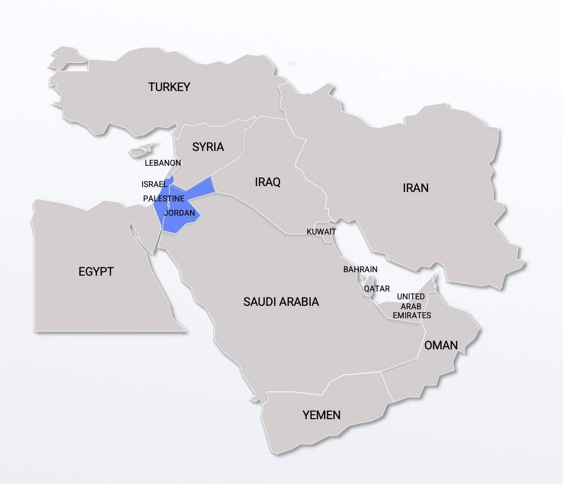 map of Israel, Palestine and Jordan